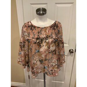 Akemi + Kin Anthropologie Light Pink Lace Top w/ Floral Print, Size Small